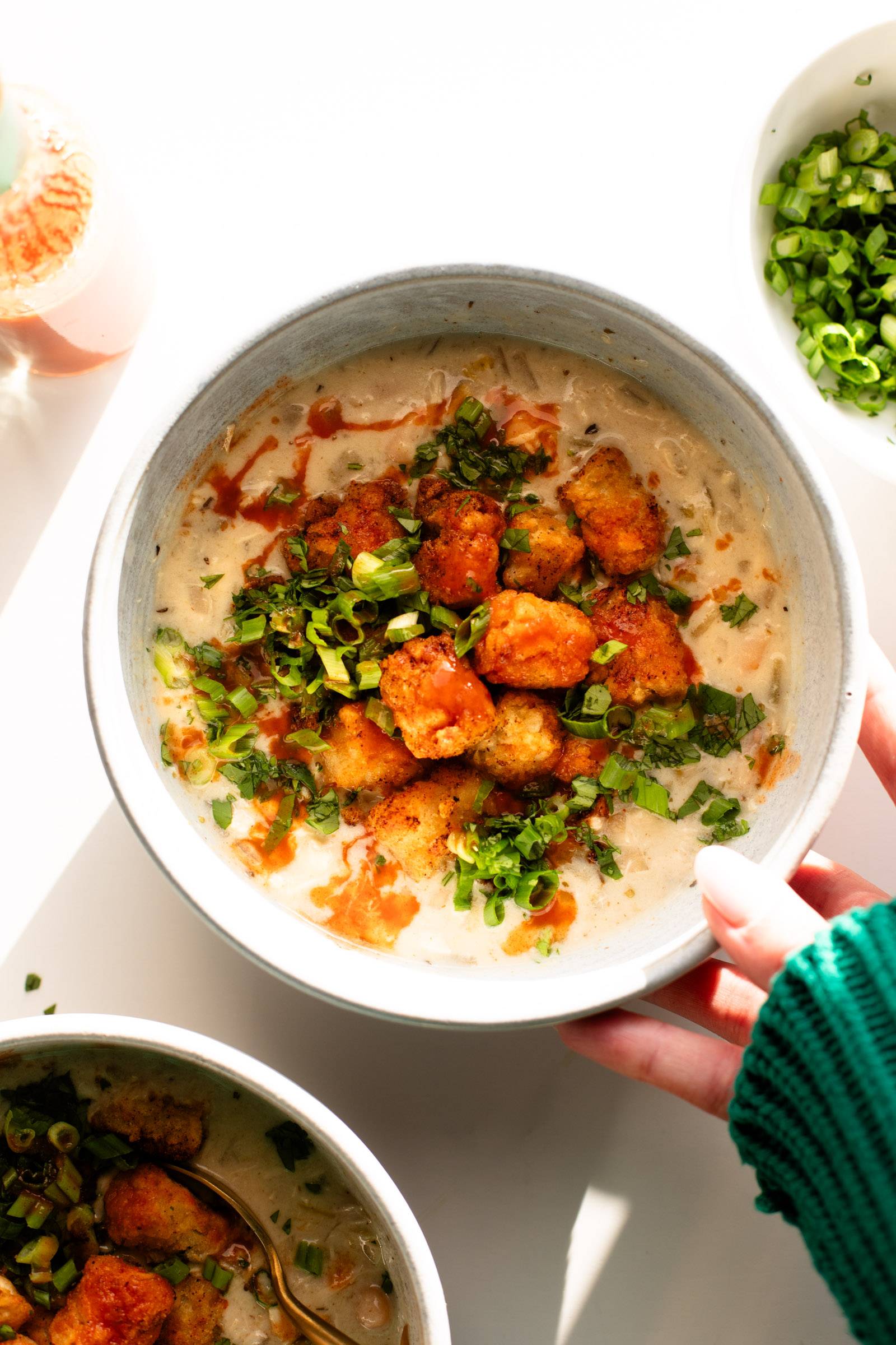 Super Creamy White Chicken Chili with Seasoned Tots